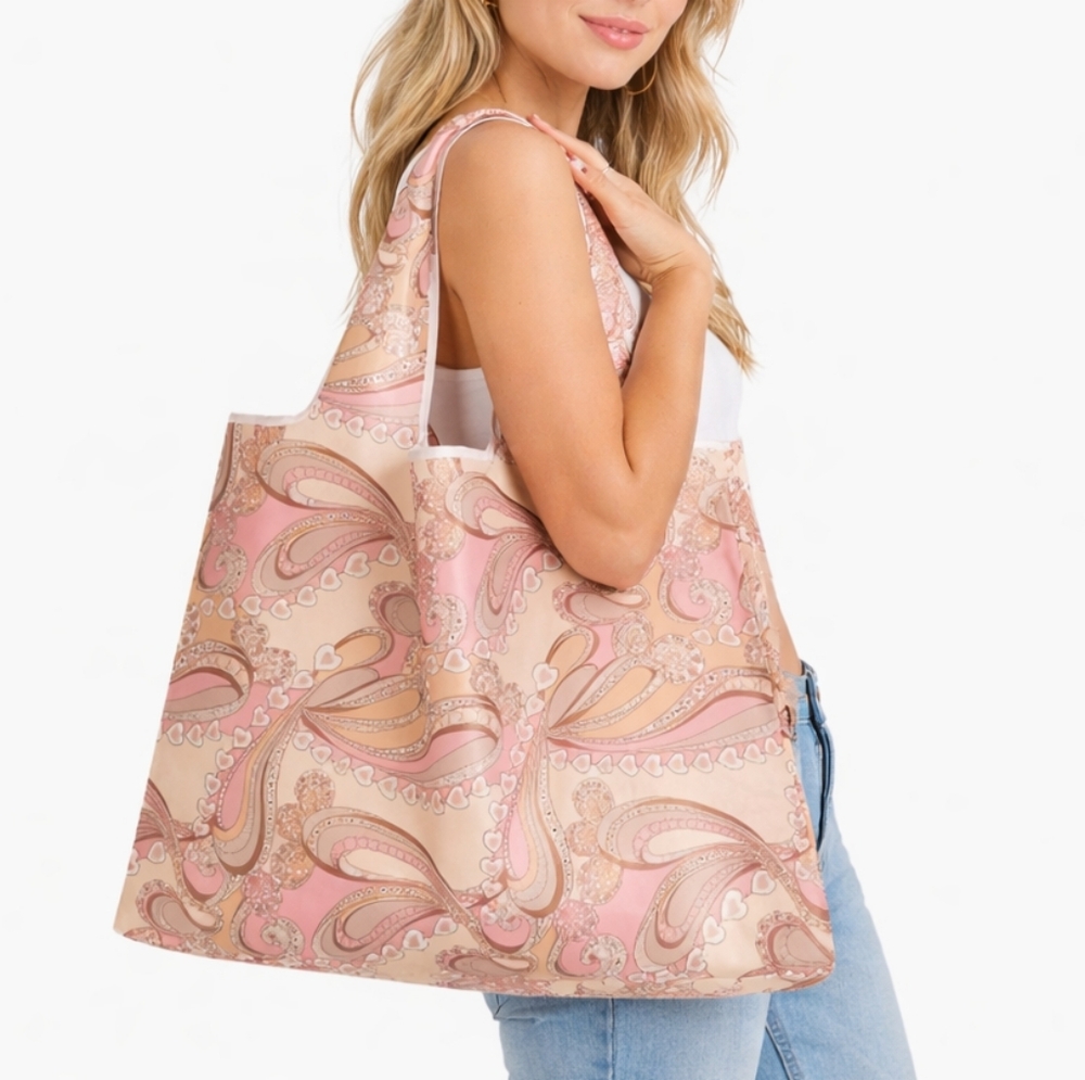 Pink Paisley Foldable Large Tote Bag with Pouch